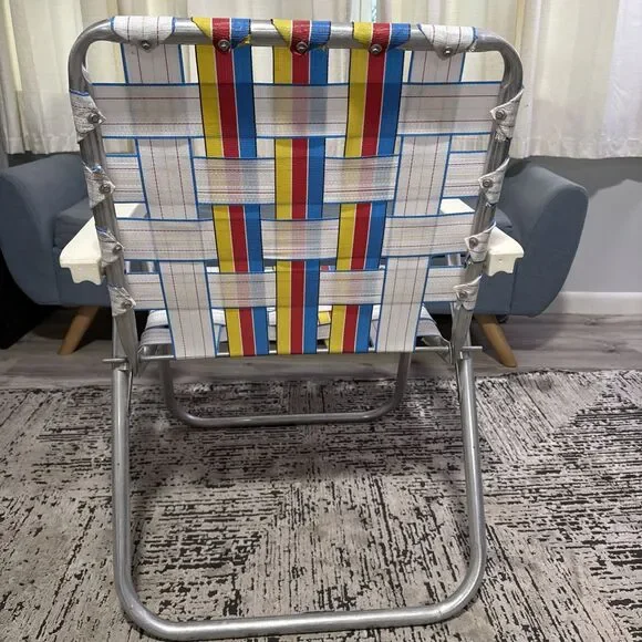 Vintage Rainbow Striped Mesh Web Aluminum Folding Lawn Chair 1970s Sun Terrace - Picture 5 of 13